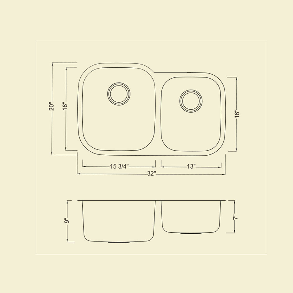 KSU322097 - 32" Stainless Steel Sink : 60/40