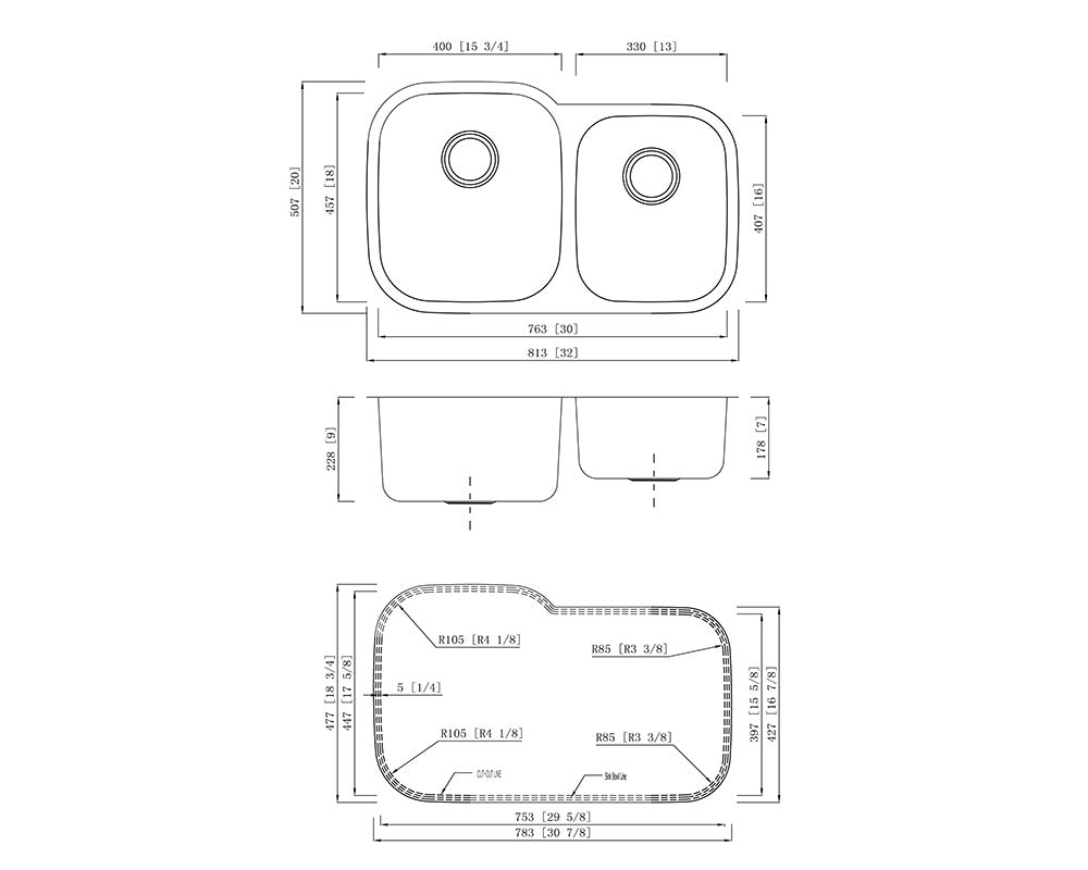 KSU322097 - 32" Stainless Steel Sink : 60/40